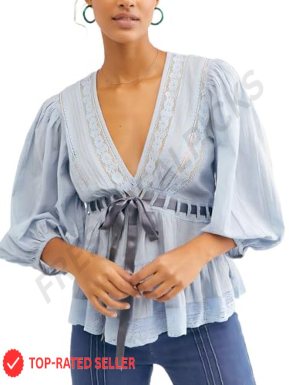 Women Sheer Chiffon Lace Tie Front Ruffle Puff Sleeve Boho Tunic Top